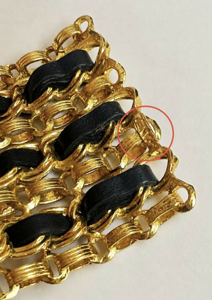 Chanel Wide 24K Gold Plated Black Leather Statement Cuff Bracelet