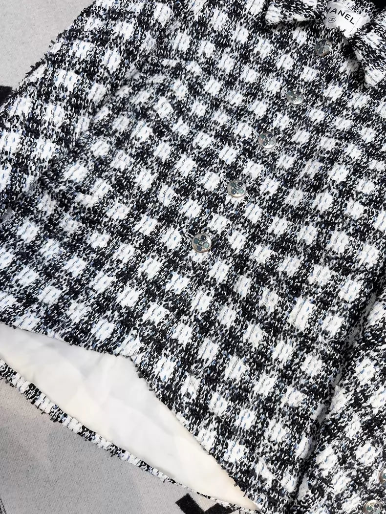 Chanel 23P black, white and blue checkered woven jacket