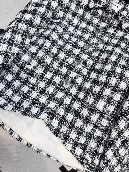 Chanel 23P black, white and blue checkered woven jacket