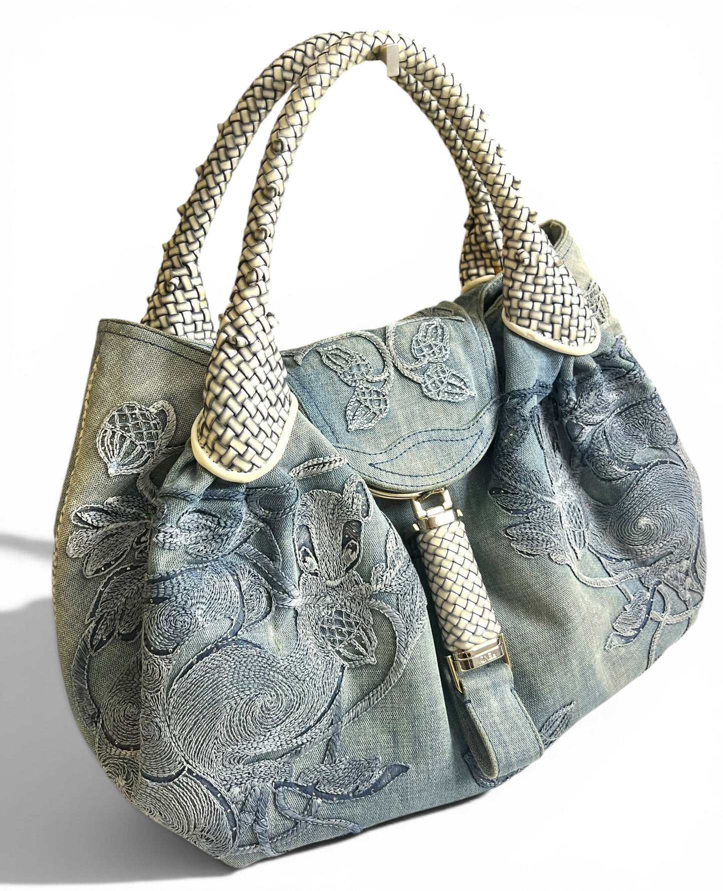 Vintage Fendi 2006 SS Limited Edition Blue Denim Squirrel Embroidered Spy Bag