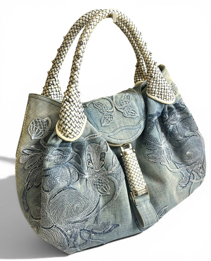 Vintage Fendi 2006 SS Limited Edition Blue Denim Squirrel Embroidered Spy Bag