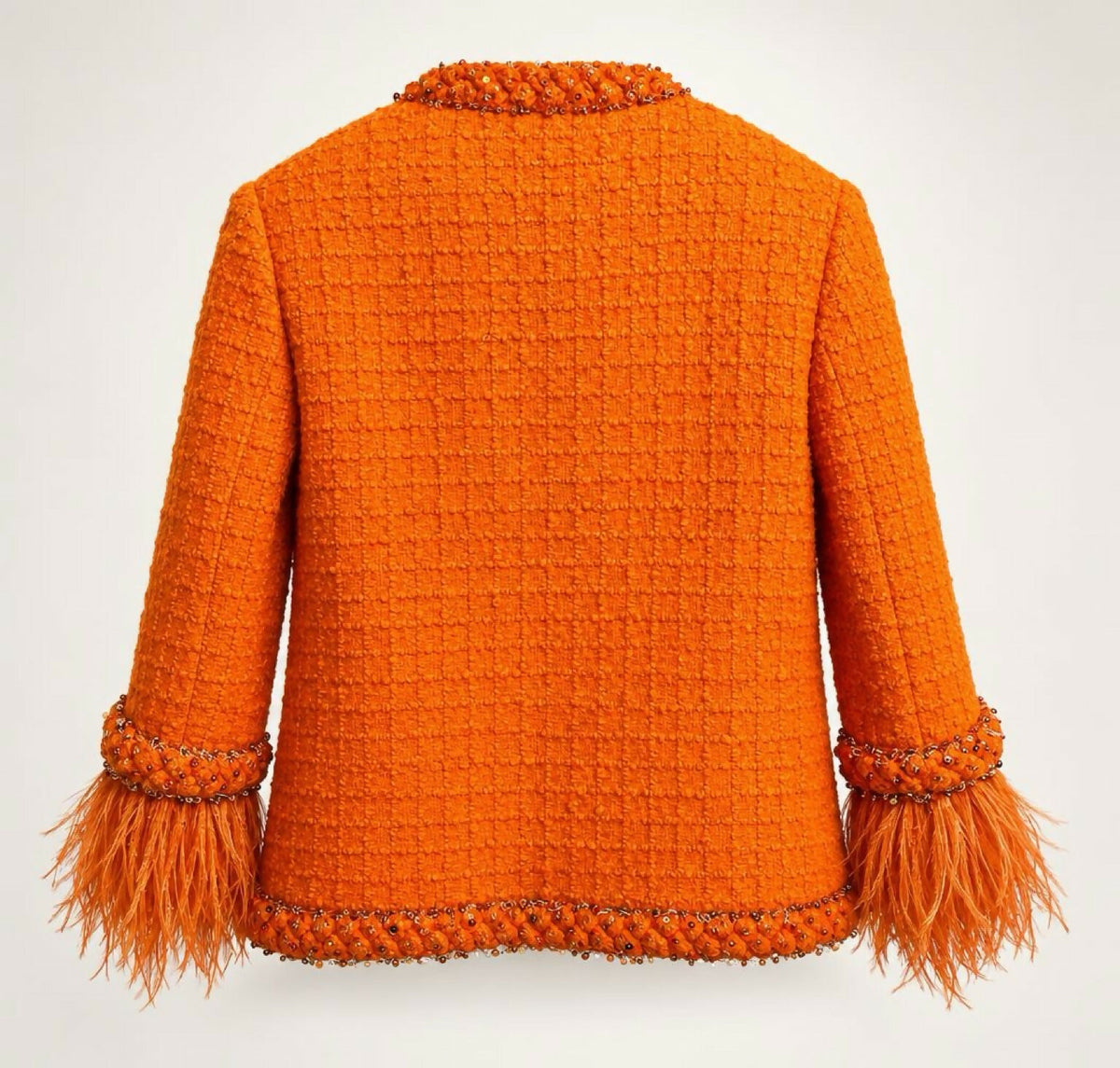 Valentino Orange Tweed Sequin Ostrich Feathers Jacket