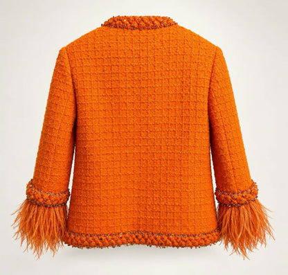 Valentino Orange Tweed Sequin Ostrich Feathers Jacket