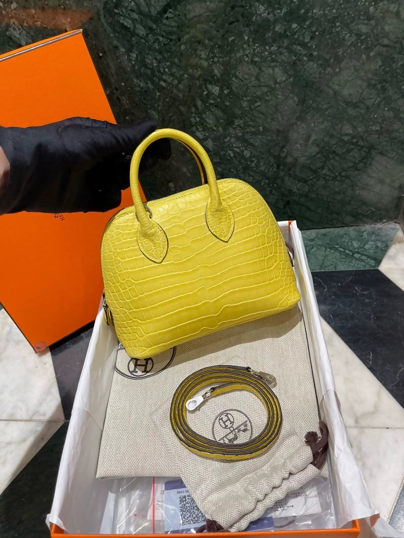 Hermes Mini Bolide M9 Marigold Yellow Matte crocodile leather palladium hardware