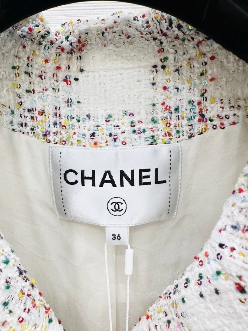 Chanel 24S iridescent white ensemble, jacket and skirt set