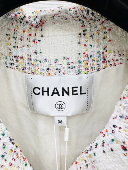 Chanel 24S iridescent white ensemble, jacket and skirt set