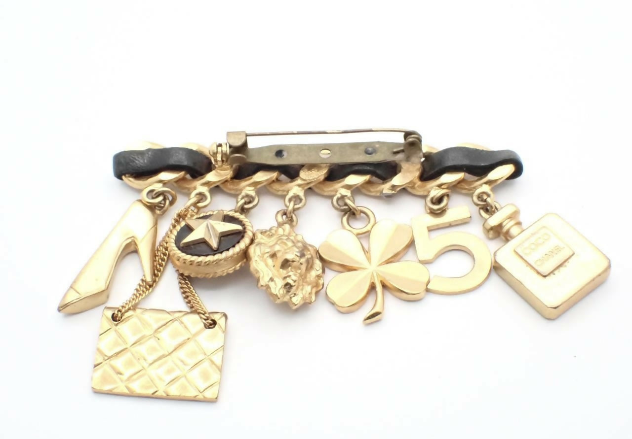 Chanel Vintage 96P Gold Plated & Leather Perfume Bottle Shoe Camellia Quilted Bag Charm Brooch