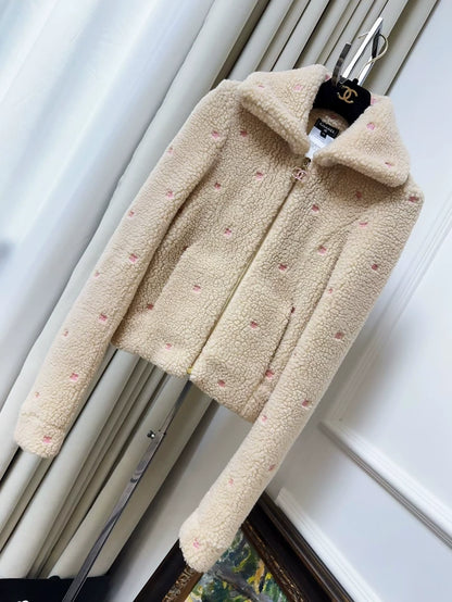 Chanel 24C Khaki Lambswool jacket with  Pink Embroidered Double C