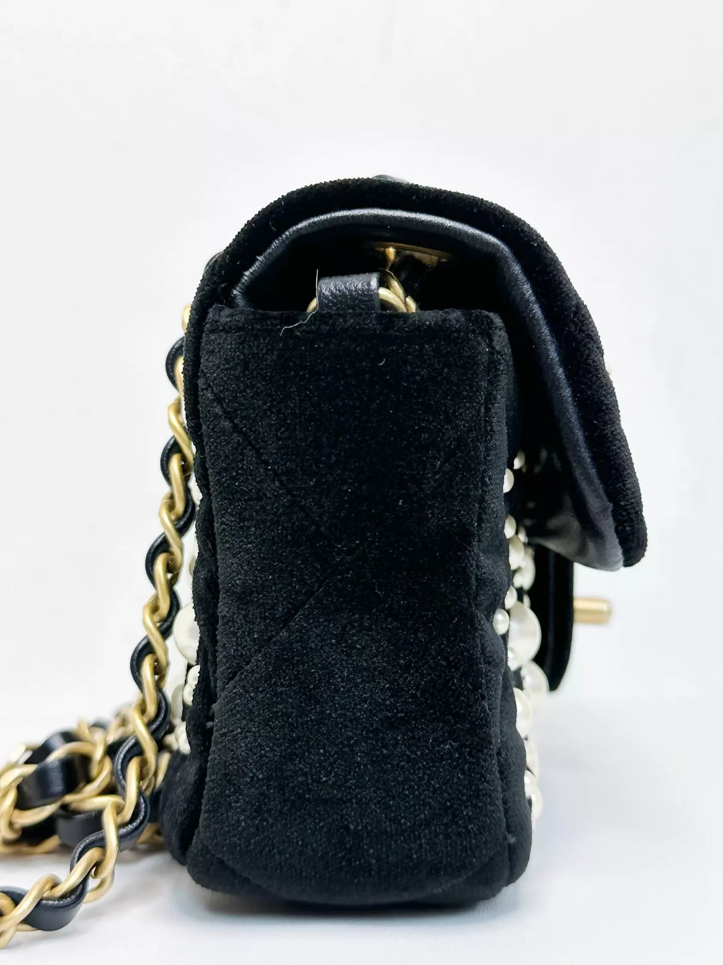 Chanel 2022 Mini Flap Bag in Black Velvet with Pearls and Gold Hardware
