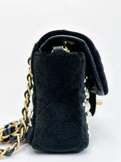 Chanel 2022 Mini Flap Bag in Black Velvet with Pearls and Gold Hardware