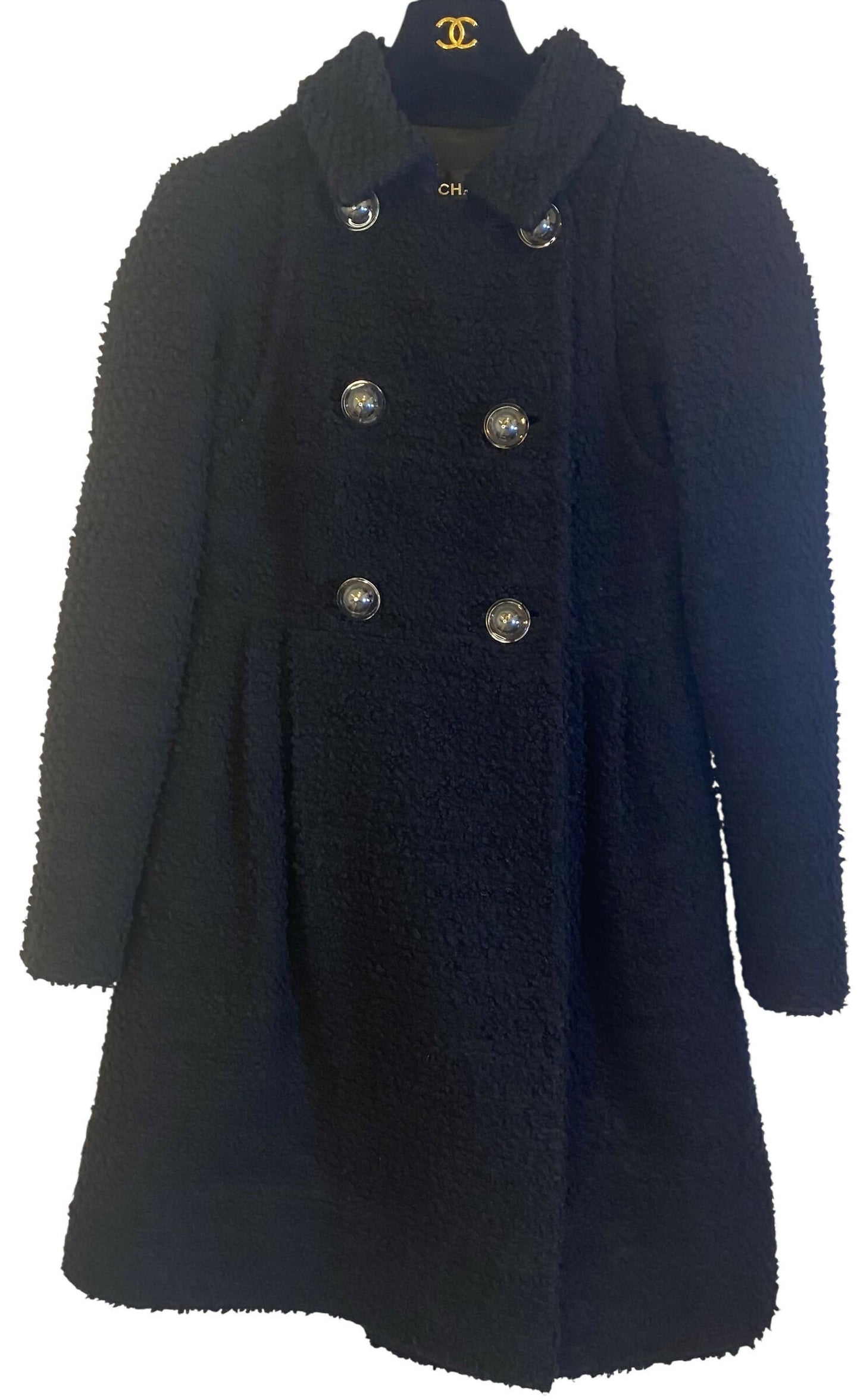 Chanel 17A Space Station Black Boucle Wool Double Breast Long Wool Coat FR 38