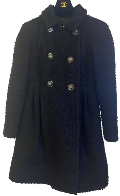 Chanel 17A Space Station Black Boucle Wool Double Breast Long Wool Coat FR 38
