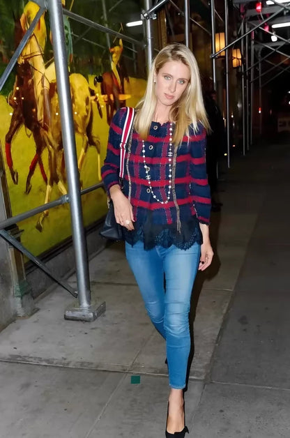 Chanel 08S blue and red tweed jacket with gold chain