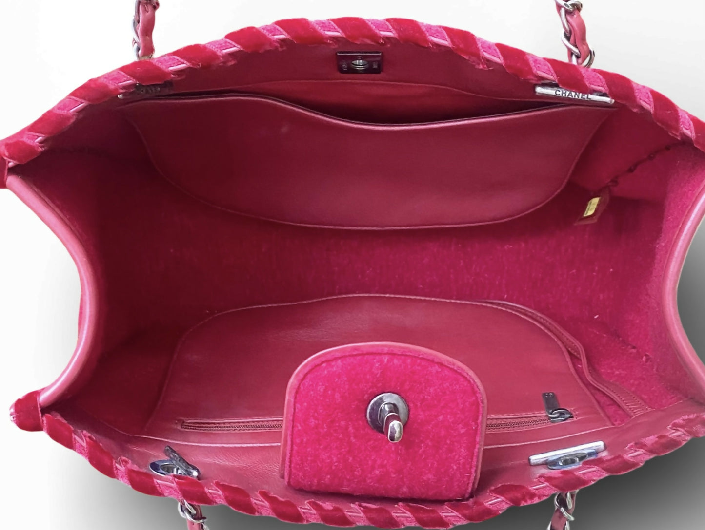 Chanel 13A Edinburgh Red Medium Felt Wool Quilted Timeless Shopping Tote Bag