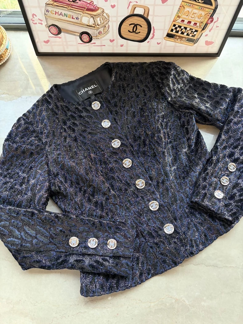 Chanel 23A Navy Blue Leopard Print Velvet Jacket