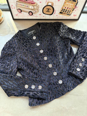 Chanel 23A Navy Blue Leopard Print Velvet Jacket
