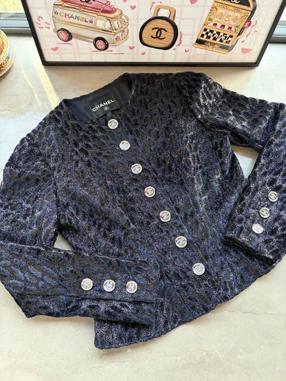 Chanel 23A Navy Blue Leopard Print Velvet Jacket