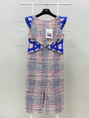 Chanel 18S Pink White and Blue Tweed Woven Long Dress