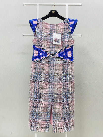 Chanel 18S Pink White and Blue Tweed Woven Long Dress