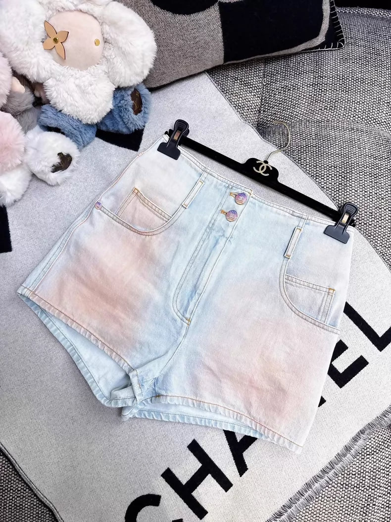 Chanel 24C orange gradient blush denim shorts