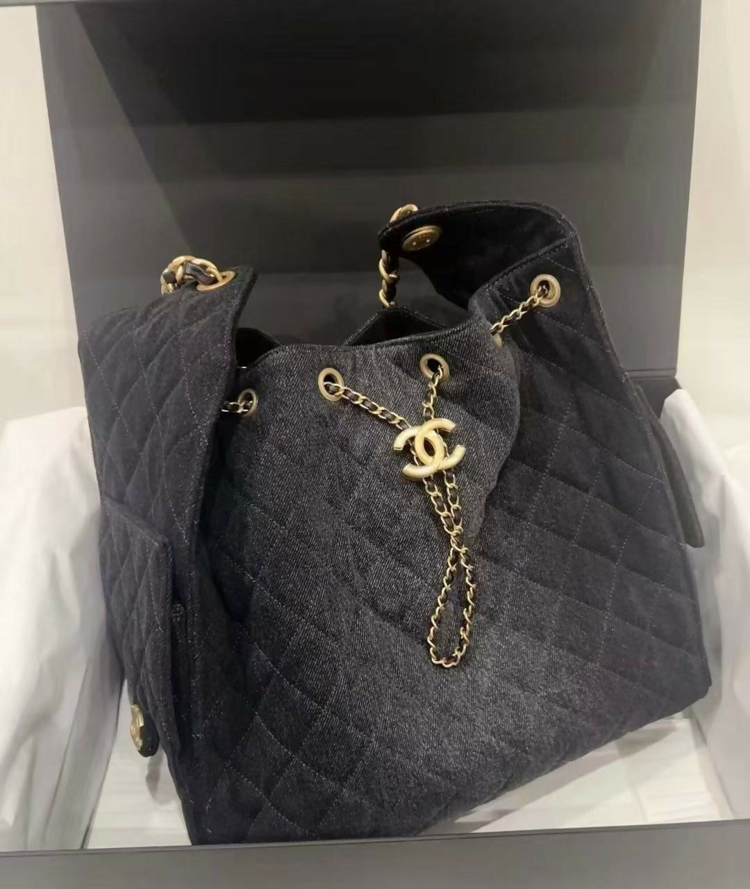 Chanel 25S Washed Denim & Gold-Tone Metal Black Handbag