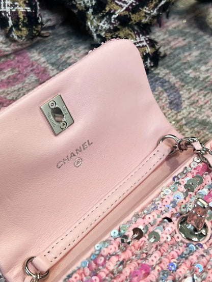 Chanel 23c peach pink sequined mini crossbody bag