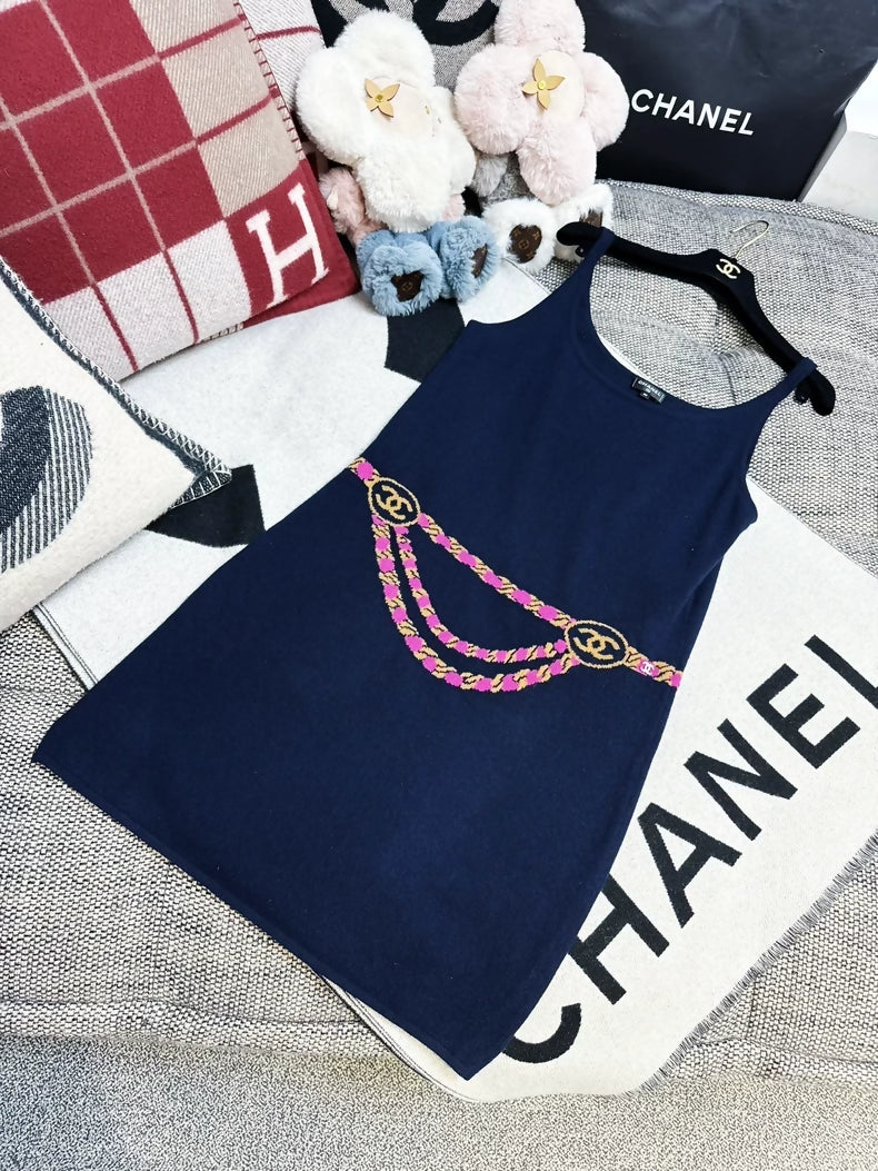 Chanel Coco Neige Ski Collection navy blue knit slip dress