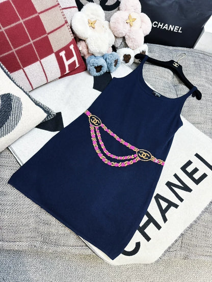Chanel Coco Neige Ski Collection navy blue knit slip dress