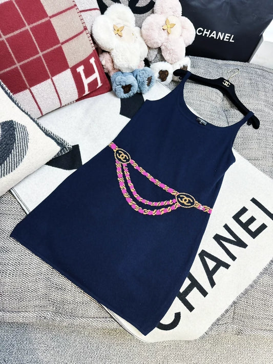 Chanel Coco Neige Ski Collection navy blue knit slip dress