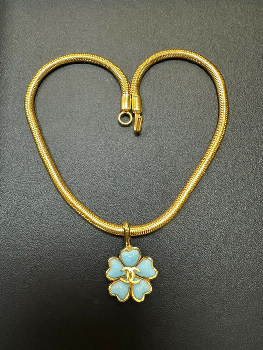 Chanel Vintage 97P Gripoix & Gold Plated Pastel Blue Camellias Pendant Necklace