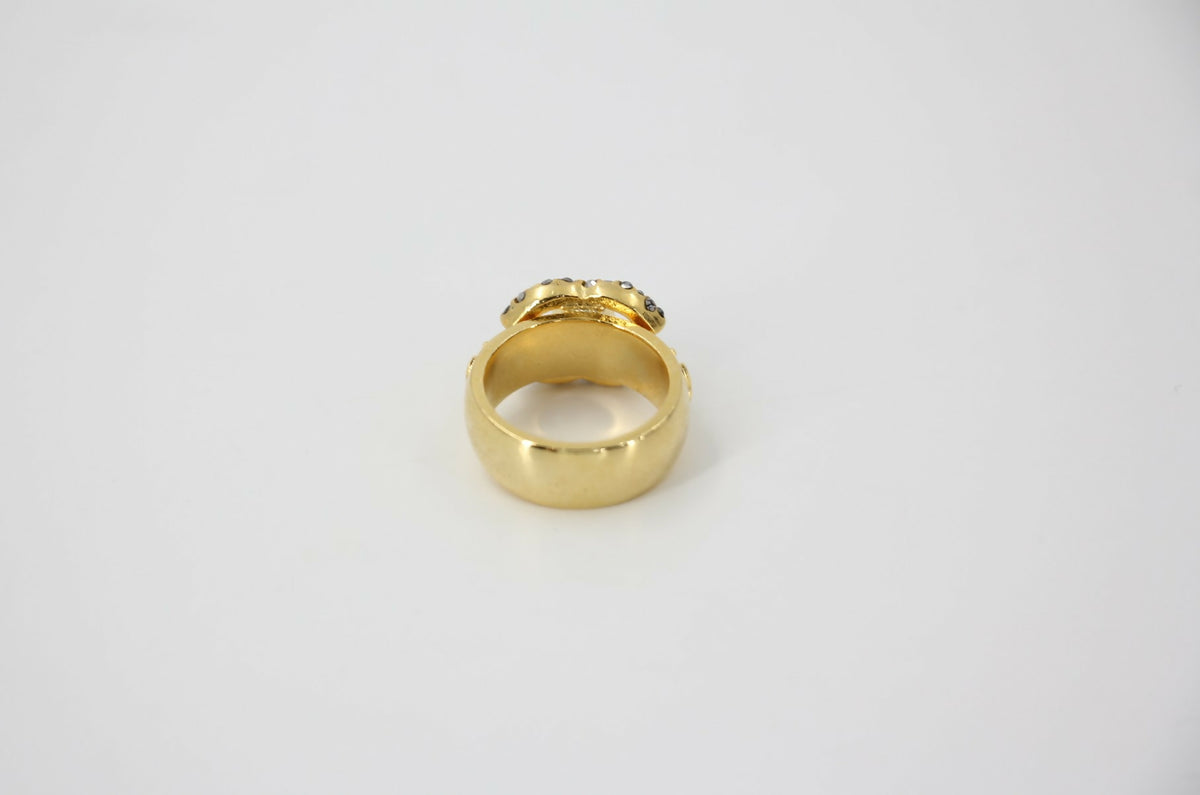 Chanel Vintage Rhinestone Gold-Tone Black CC Logo Ring