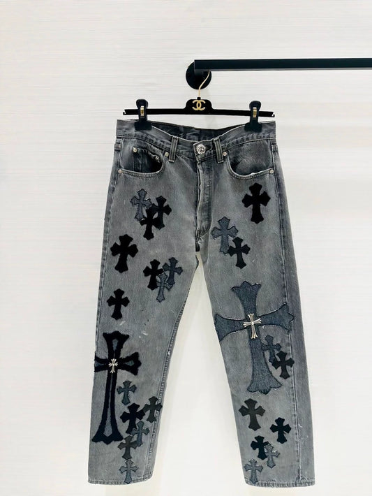 Chrome Hearts 2024 denim pant with Black/Grey/Silver with jewelled patterns
