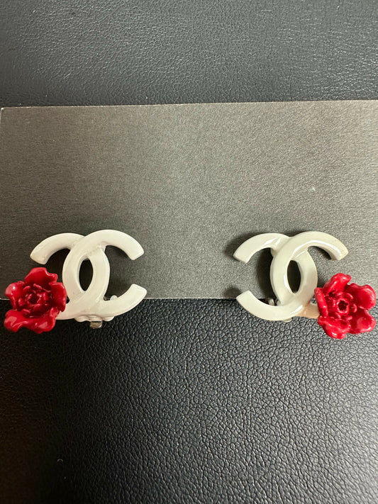 Chanel Vintage 04 Resin Red Flower CC Clip-on Earrings