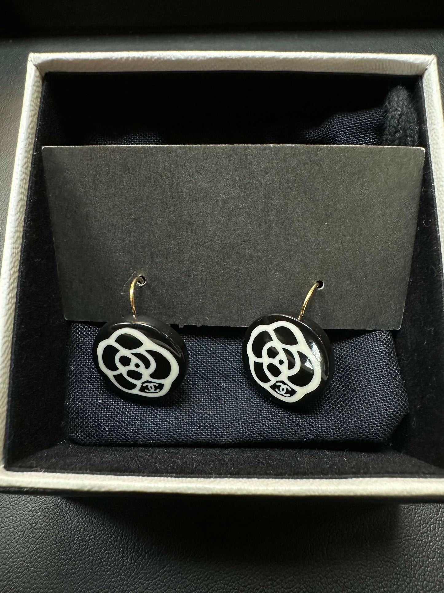 Chanel Vintage 03P Resin Black and White Camellia Button Hoop Earrings