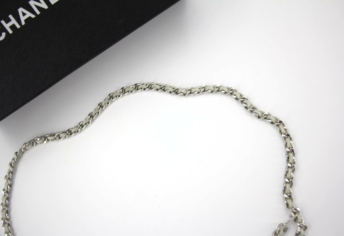 Chanel Vintage 09C Leather-threaded Metal Olive Green and Silver Waist Chain L91