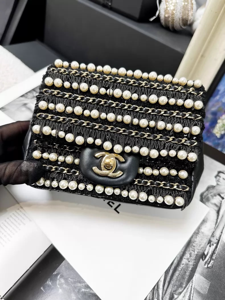 Chanel 20B black and gold pearl chain square crossbody bag