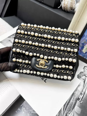 Chanel 20B black and gold pearl chain square crossbody bag