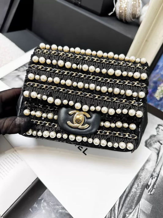 Chanel 20B black and gold pearl chain square crossbody bag