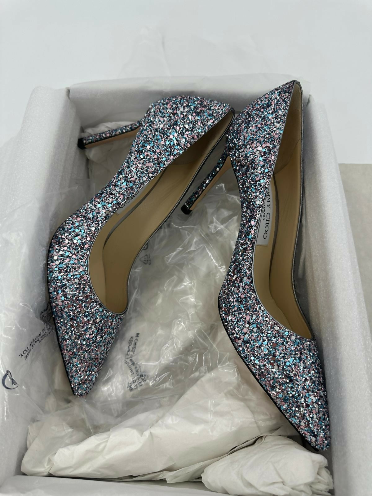 Jimmy Choo Romy Light Blue Multicolour Glitter Pumps Size 38.5