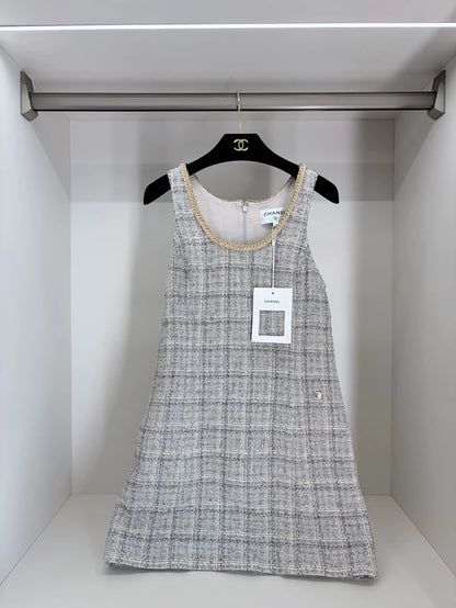 Chanel 25B grey tweed dress with gold trim