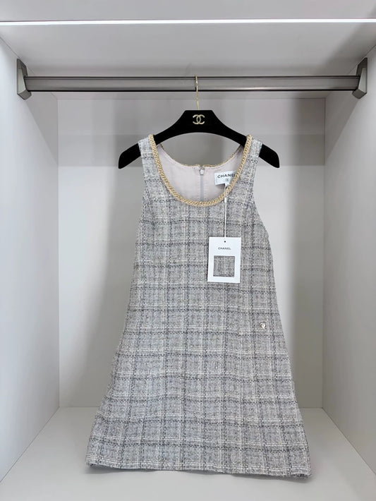 Chanel 25B grey tweed dress with gold trim