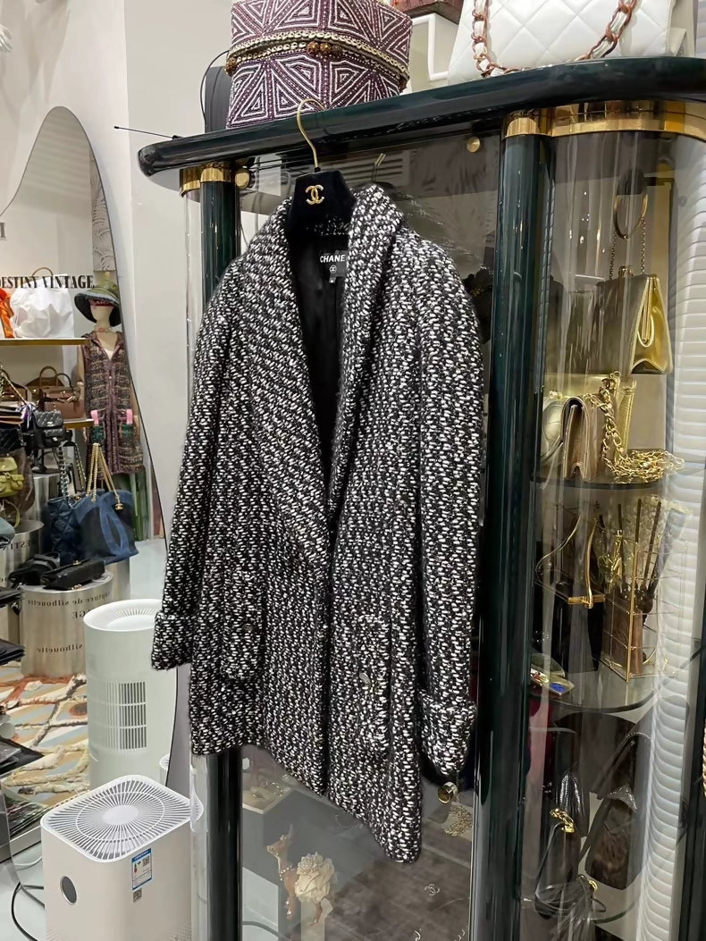 Chanel 21K black and grey tweed coat