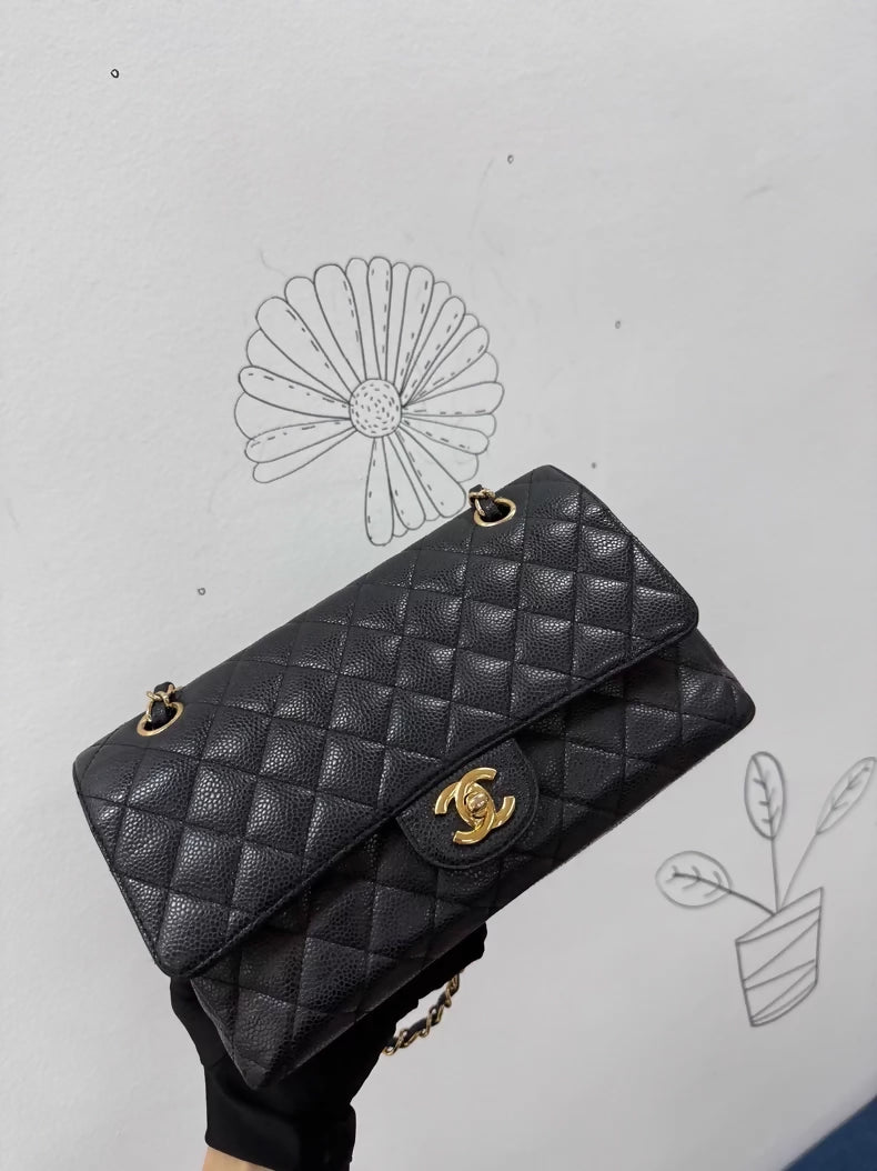 Chanel 2.55 CF Classic Black and Gold Flap Bag in calfskin leather