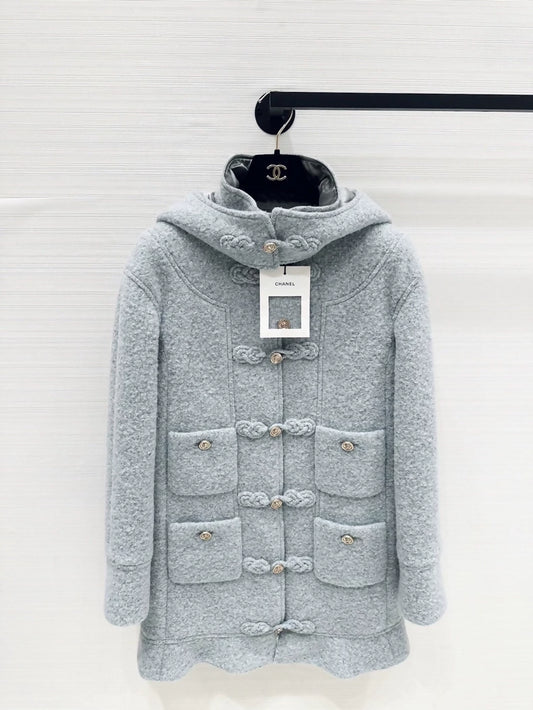 Chanel 25A light blue hooded coat