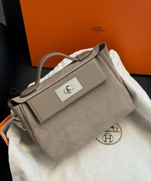 Hermès 24/24 Mini Étoupe Suede & Teddy Shearlings with Palladium Hardware