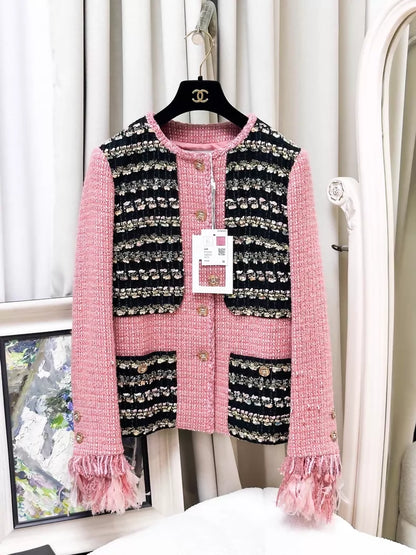Chanel 22A tweed pink feather cuffs jacket