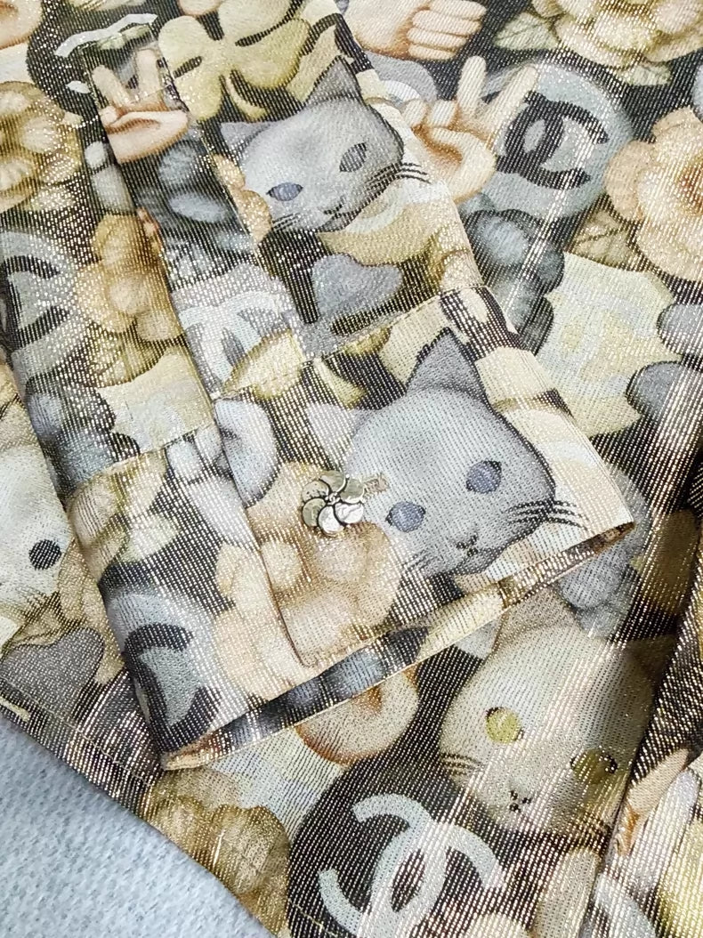 Chanel 2016 gold shimmering cat and camellia shirt