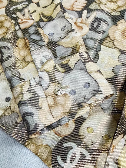Chanel 2016 gold shimmering cat and camellia shirt