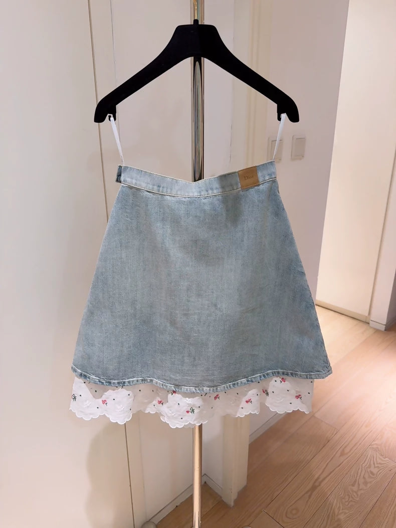 Christian Dior Limited Edition Dioramour Embroidered Lace Faux Two-Piece Denim Mini Skirt