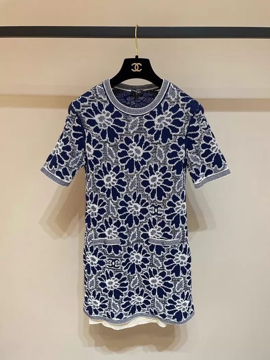Chanel 21SS blue Knit Floral Dress